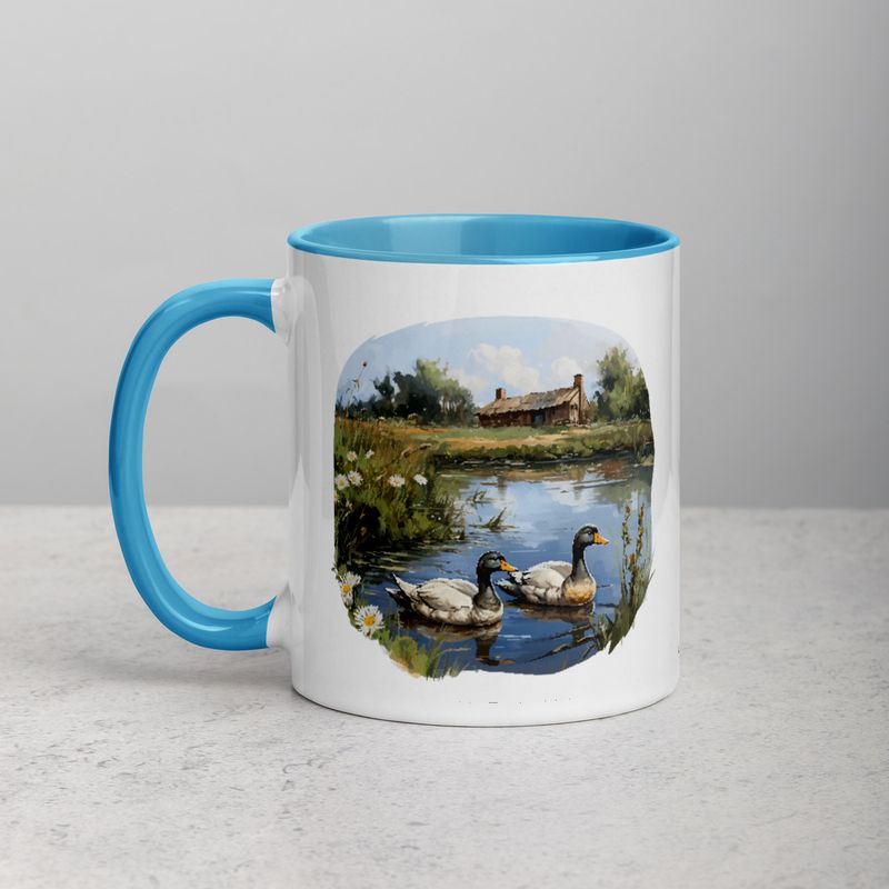 White Ceramic Mug with Color Inside, 11 &amp;15oz, Ducks in love swimming in farmhouse pond 