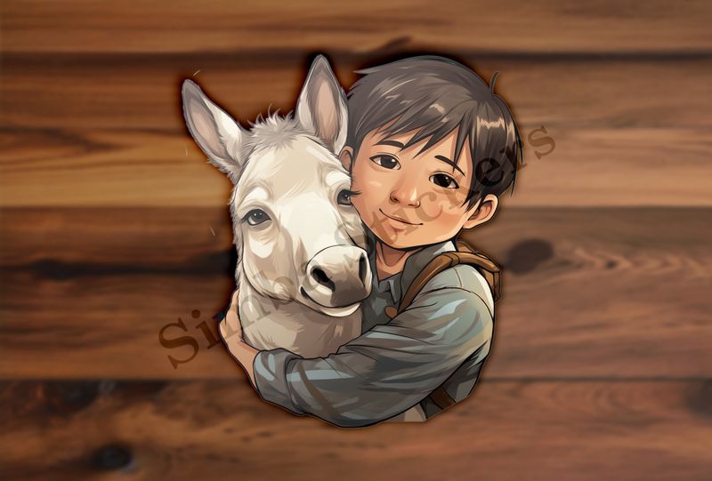 Donkey hugged by small child of Asian origin