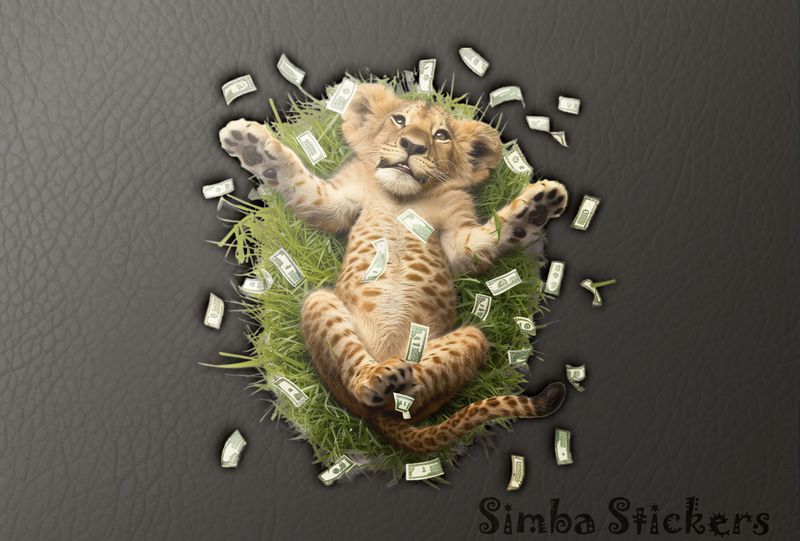 Simba Lion cub lying down surrounded by money in the air