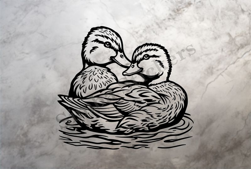 Ducks beak-to-beak in a pond, in partial-embrace, outline art