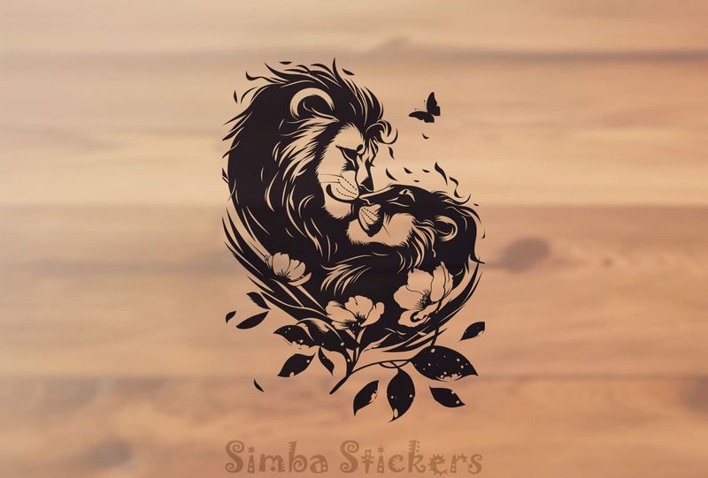 Male with lioness embracing among flowers, outline art, bwsylo