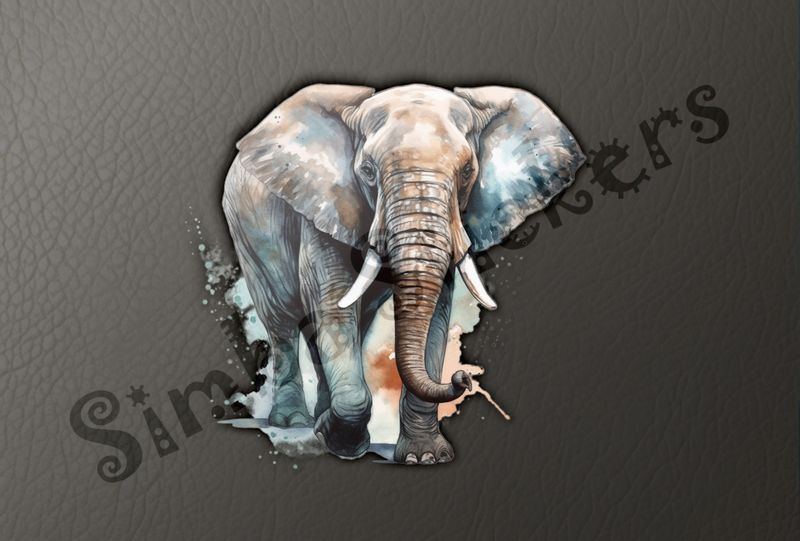Elephant walking on grass, with light brown background, watercolour