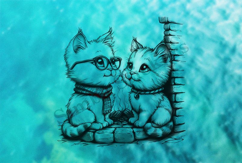 Cat kittens, one in glasses, outline art