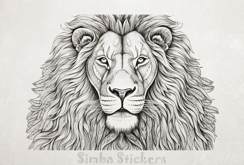 Majestic lion face with wide mane, outline art, baqmjy