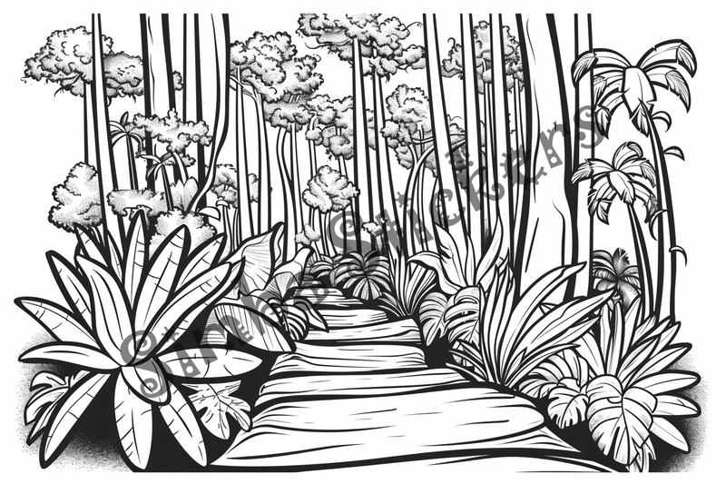 Colouring pages, bundle of Equatorial Rainforest landscape, 25 images