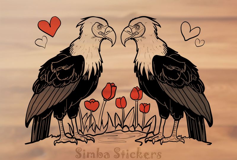 Vultures in love among flowers and Valentine&#x27;s hearts, outline art, v4k59g