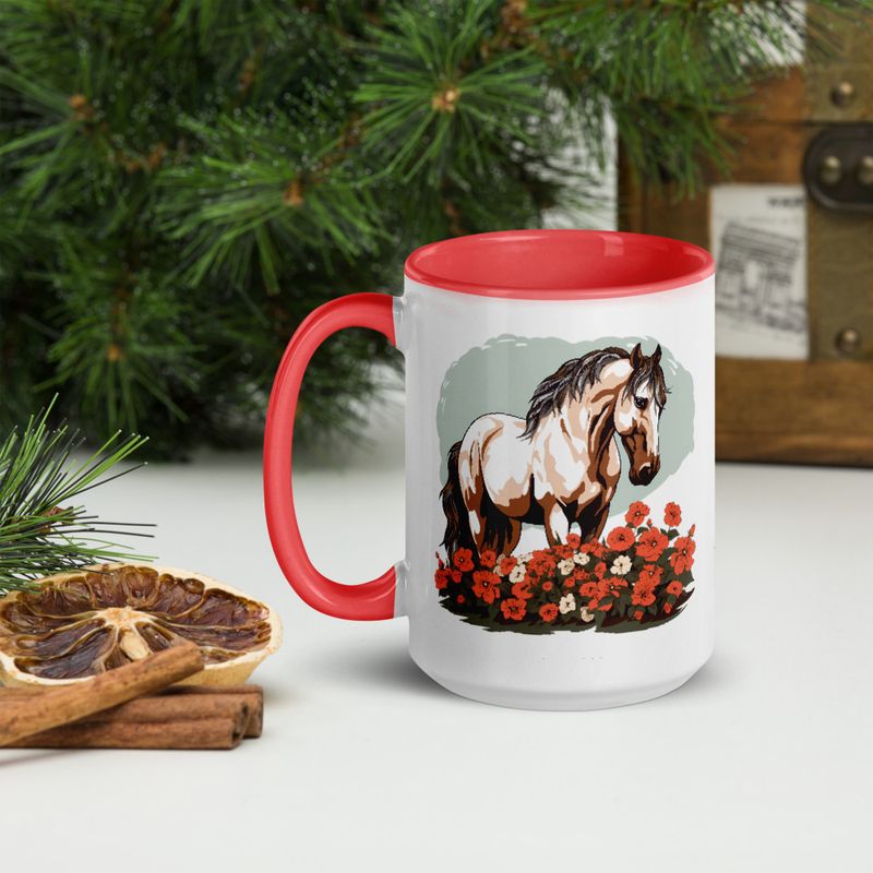 White Ceramic Mug with Color Inside, 11&amp;15oz, Brown horse in field of red flowers, n4w2fj