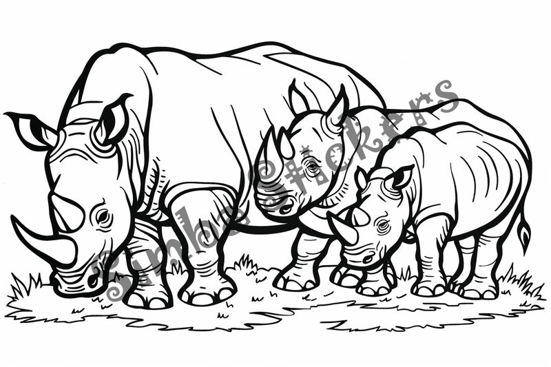 Colouring pages, bundle of rhino families, 10 images