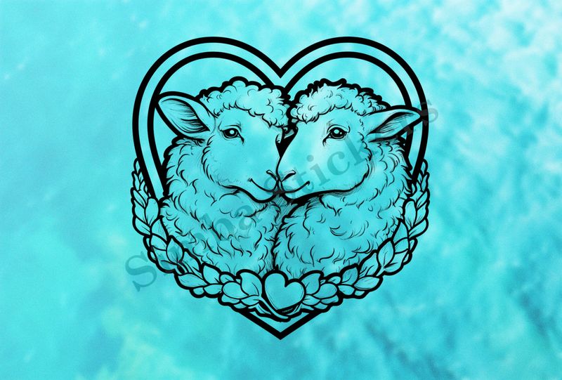 Sheep in love, under heart-shaped frame, outline art