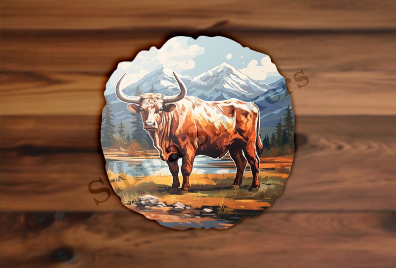 Bull grazing, mountains in background, oil painting