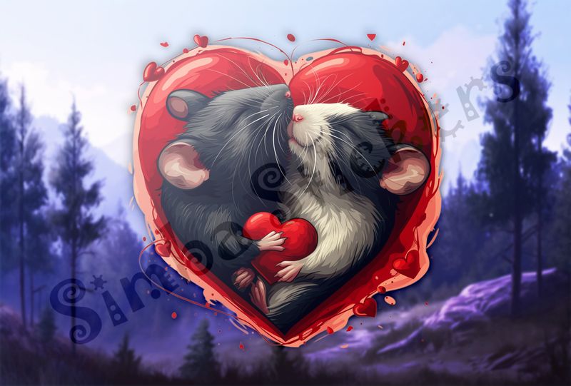 Mice in love holding small Valentine&#x27;s heart, inside larger heart