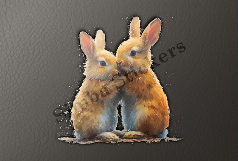Bunnies in love,  nose-to-nose, arm-to-arm, watercolour