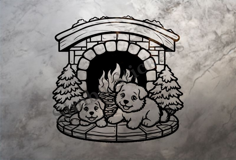 Dogs cuddling by the fireplace next to 2 small Christmas trees,  outline art