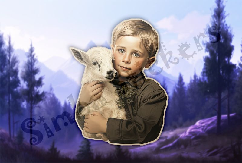 Goat kid in arms of blonde boy