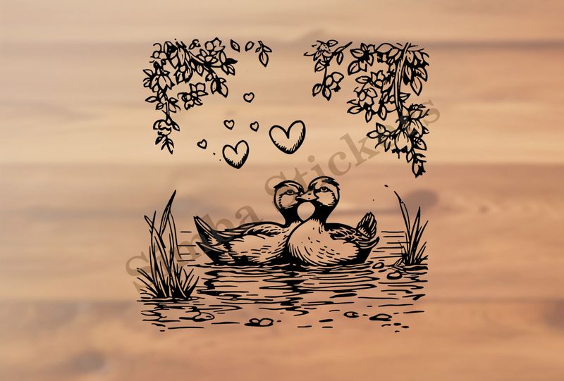 Ducks in love in a pond, under branches, outline art