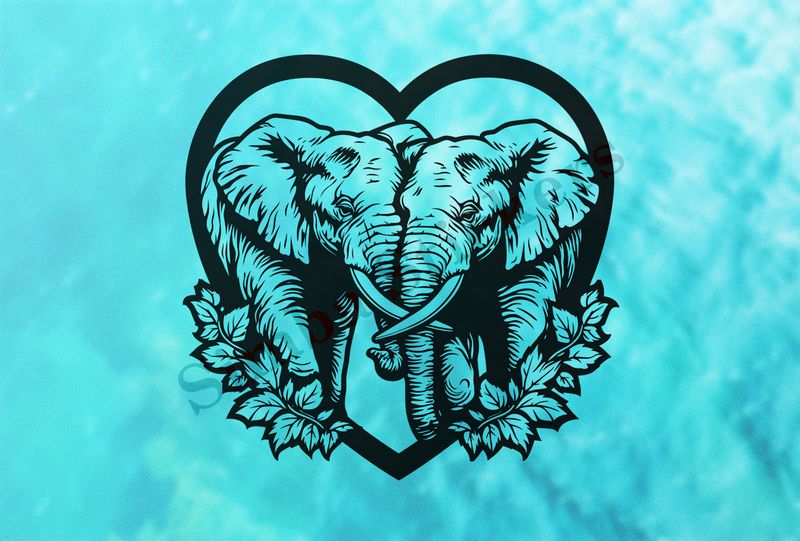 Elephants in love,  in romantic heart shape, outline art