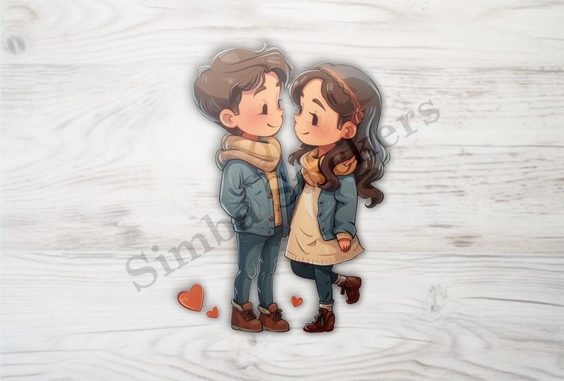 Boy and girl in love, in blue and brown clothes