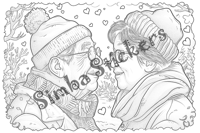 Colouring pages, bundle of people, grandparents in love at picnic, 25 images