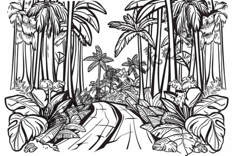 Colouring pages, bundle of Equatorial Rainforest landscape vegetation, 10 images