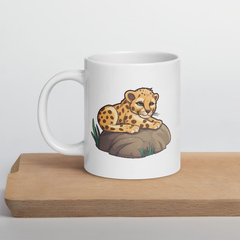 White Glossy Mug, 20oz, Baby cheetah on a rock, head-to-head