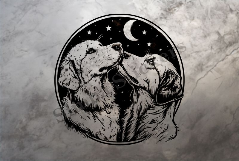 Dogs nose-to-nose under a crescent moon, outline art