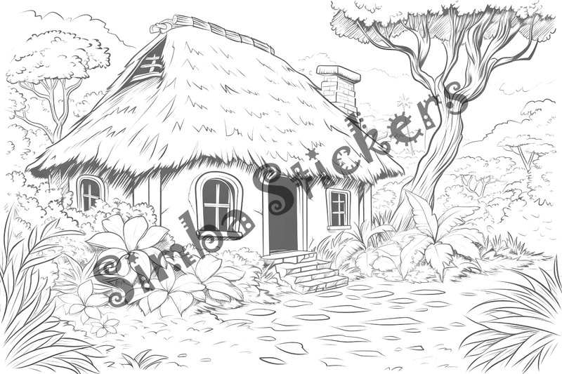 Colouring pages, bundle of houses, African thatched, 10 images
