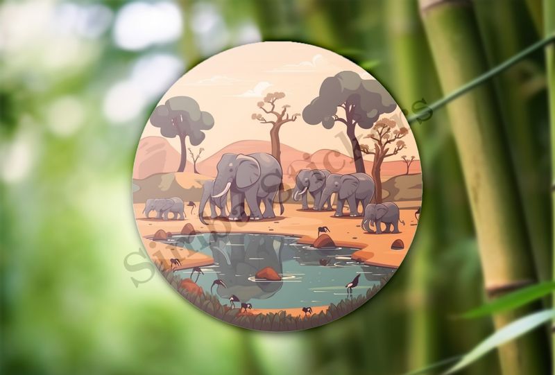 African elephant with calves at a pond in the Savanna