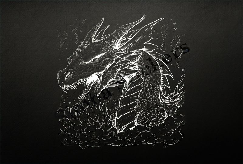 Dragon breathing fire, engulfed in smoke, outline art