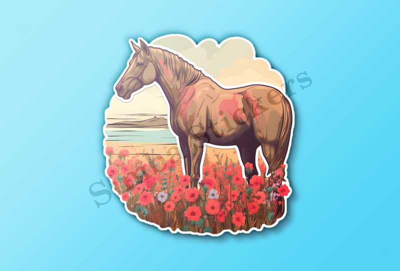 Brown horse behind red flowers