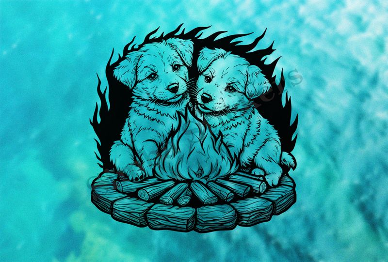 Dogs cuddling by a bonfire, romantic, outline art