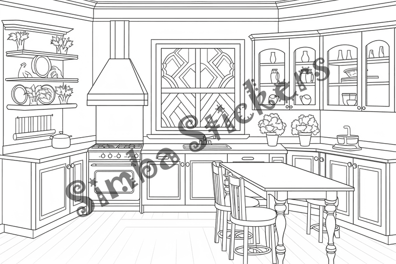 Colouring pages, bundle of house kitchens, 10 images