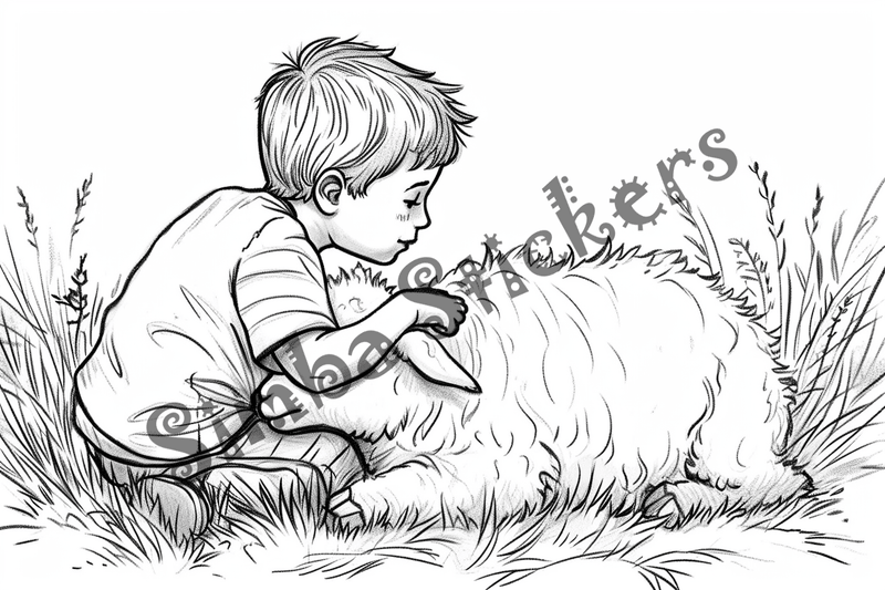 Colouring pages, bundle of sheep snugglig with child, 10 images