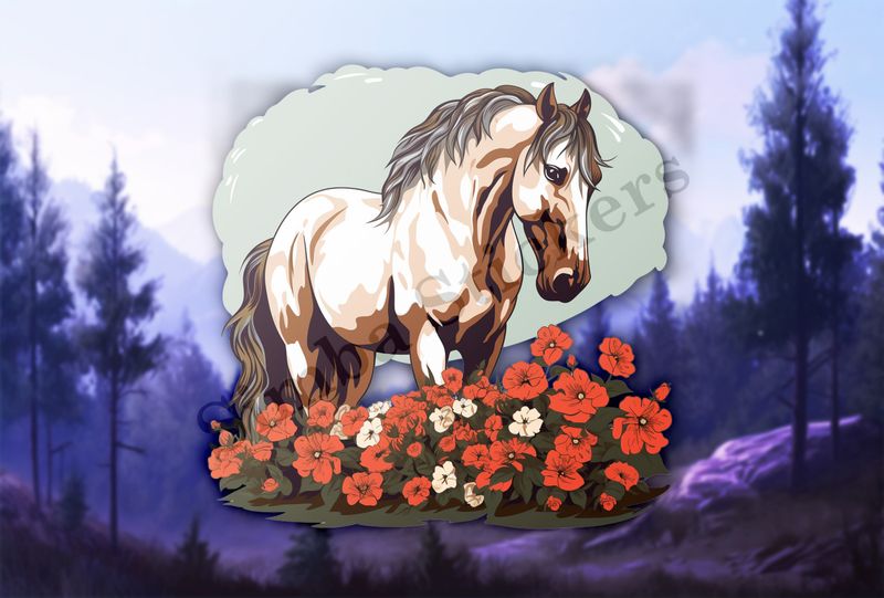 Brown horse in field of red flowers, n4w2fj