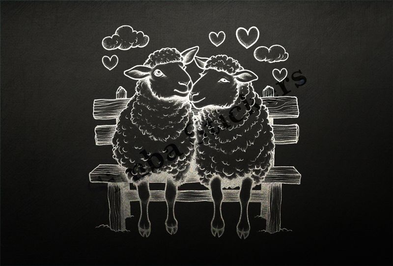 Sheep in love, sitting on a park bench, outline art