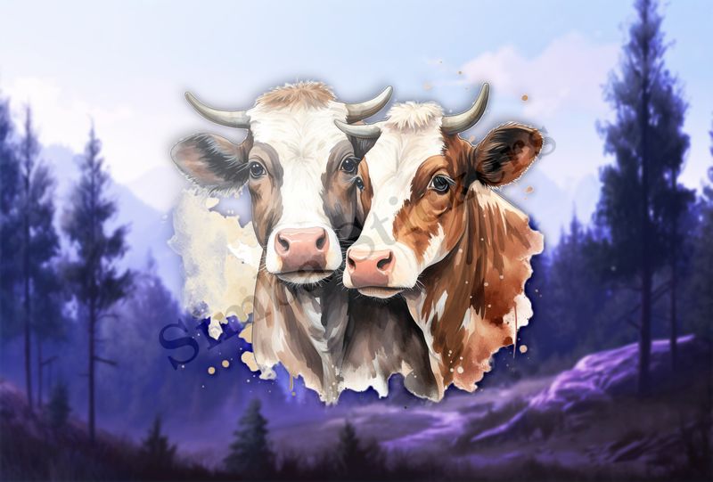 Cows nose-to-nose, one brown, one black, watercolour