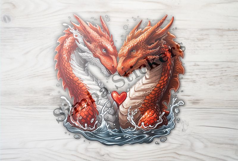Red dragons in love, in the water, romantic hearts