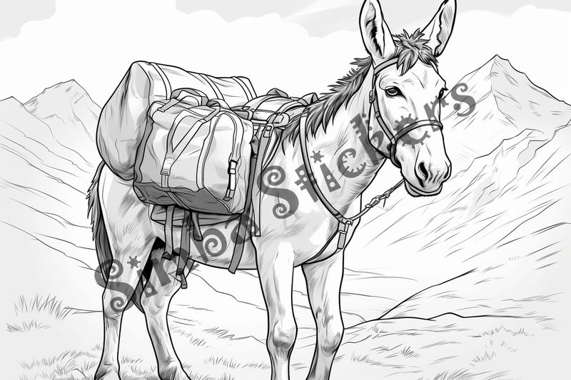 Colouring pages, bundle of donkeys carrying goods or people 10 images