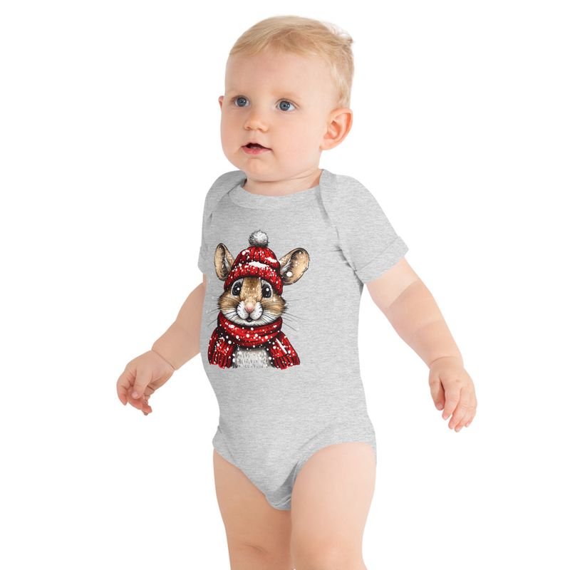 Baby Short Sleeve One Piece, 3-24 Months, Mouse wearing red winter hat and scarf in the snow, xg8dl3