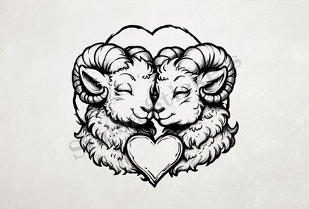 Sheep in love, heart at centre, outline art