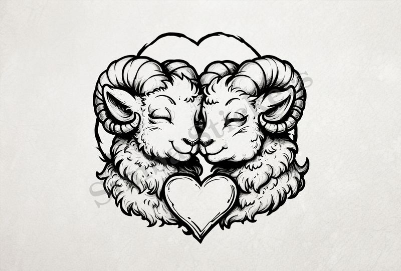 Sheep in love, heart at centre, outline art