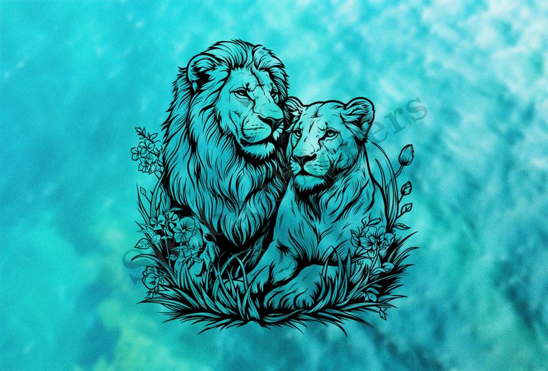 Lion with lioness, in the midst of flowers , outline art