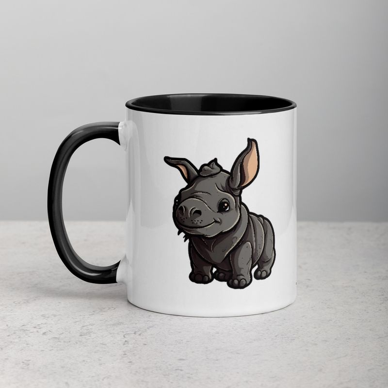 White Ceramic Mug with Color Inside, 11oz &amp; 15oz, Black rhino calf looking cute 