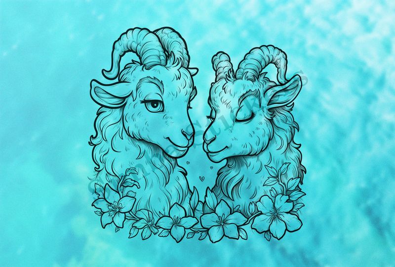 Goat younglings in love, with flowers, outline art