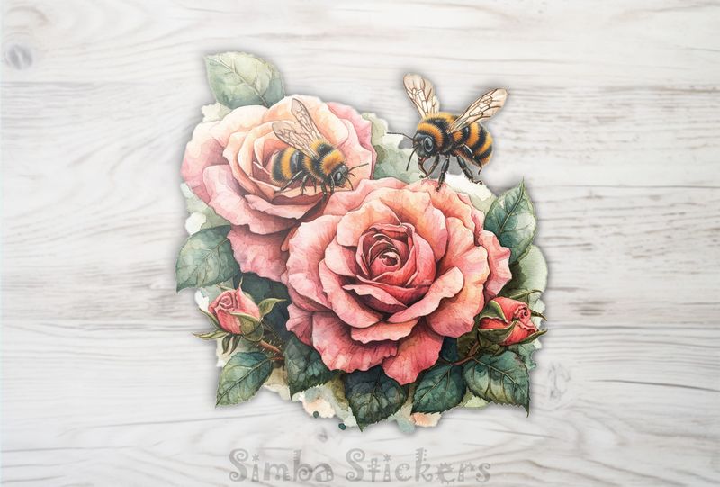 Bees flying around romantic rose flowers, watercolour