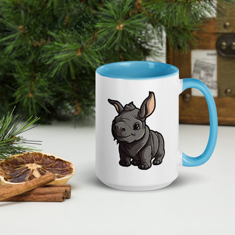 White Ceramic Mug with Color Inside, 11oz &amp; 15oz, Black rhino calf looking cute 