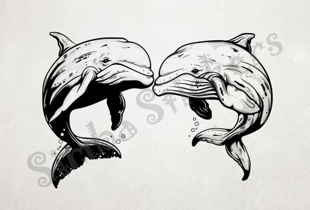 Whales nose-to-nose in love, under water, outline art