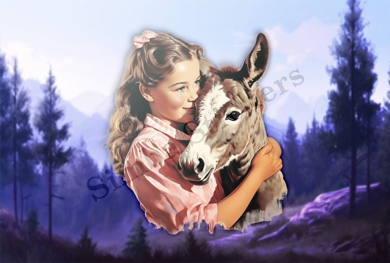 Donkey hugged by small girl of European origin in a pink dress