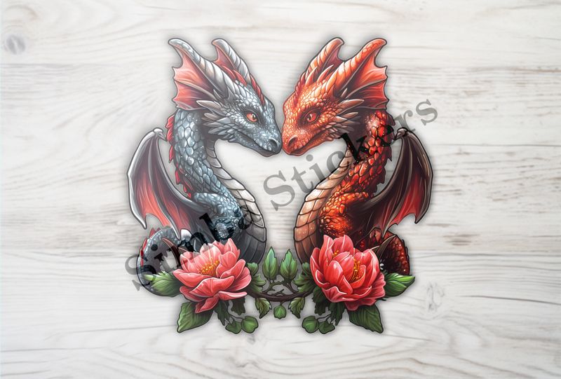 Black  ragon, red dragon in love, red flowers