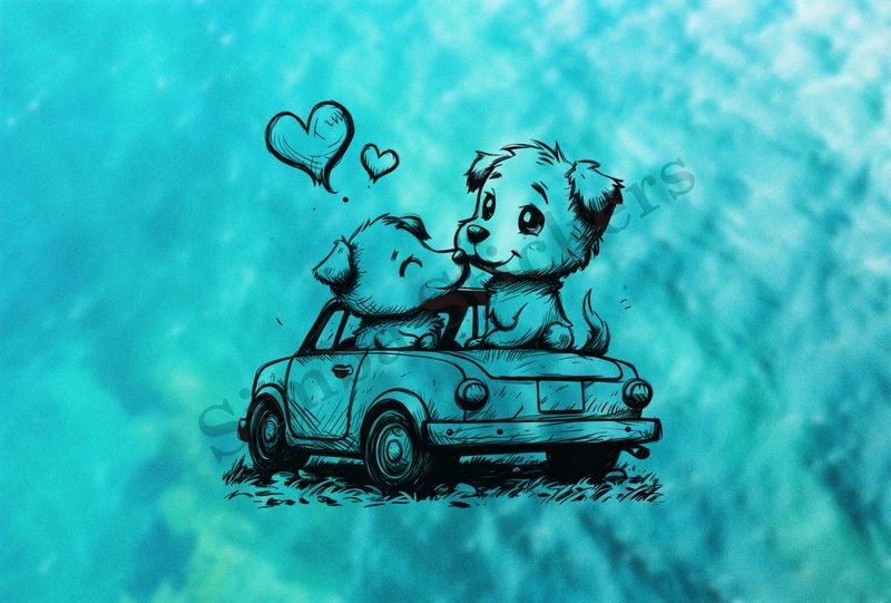 Dogs in love sitting in a car, outline art