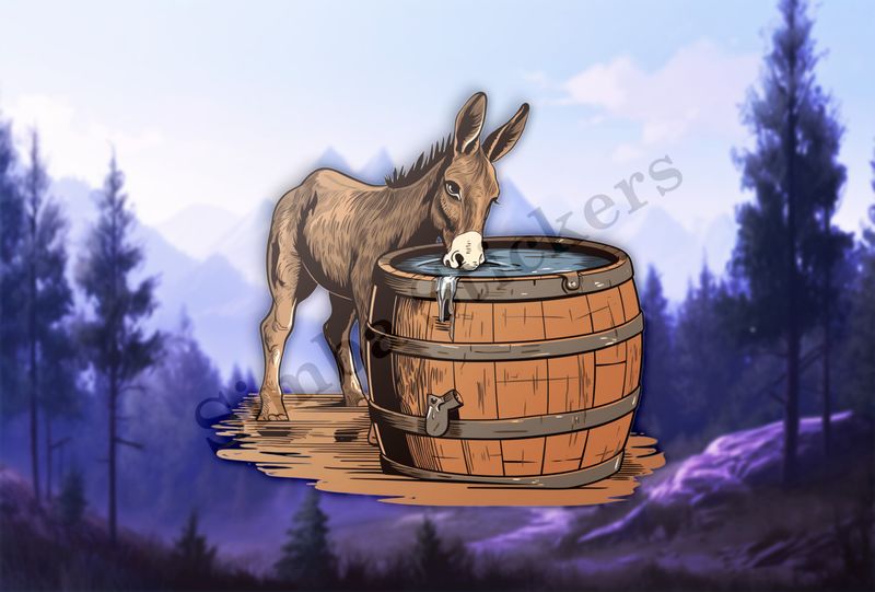 Donkey drinking water from large wooden barrel